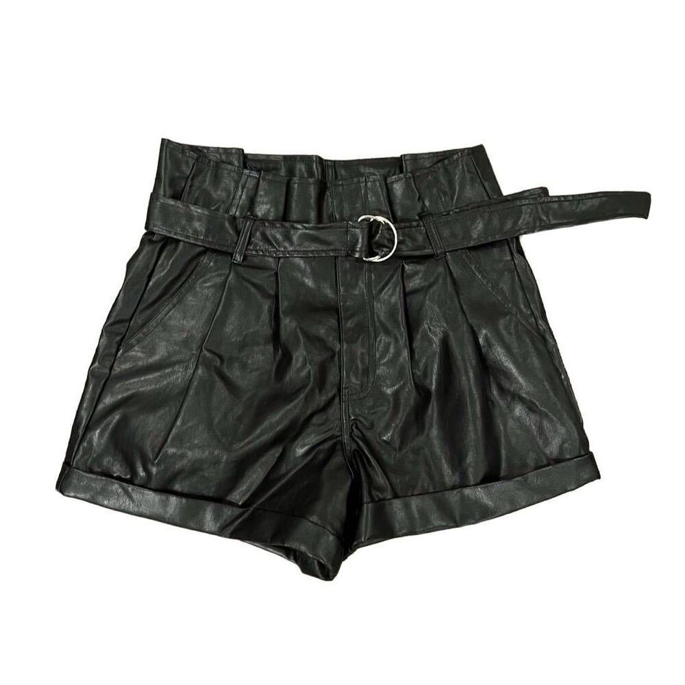 Madden NYC Mini Shorts Women's Small Black‎ Faux Leather Belted